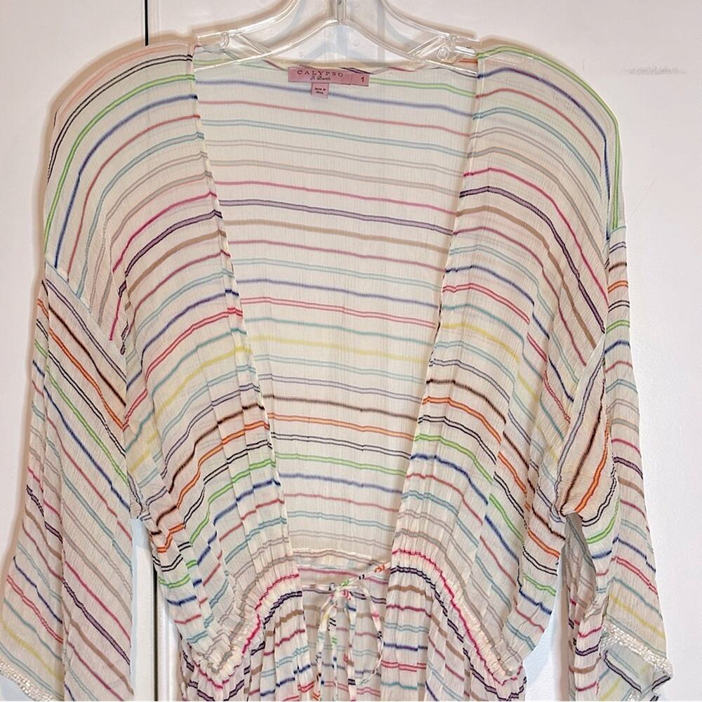 Calypso St. Barth White Multi Color Stripe Silk T… - image 2